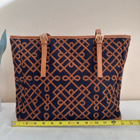 New Spartina 449 Mareena Avery Navy/Tan Leather/ Natural Linen Tote Purse - Picture 3 of 13